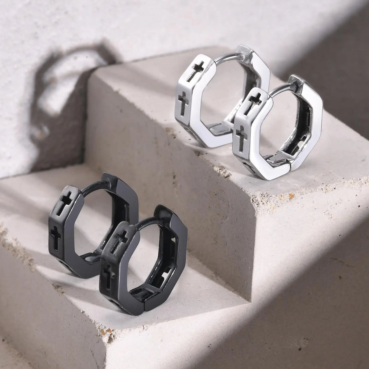Anti Allergy Stainless Steel Hoop Earrings for Men Boys, Hollow Cross Huggies, Geometric Octagon Ear Jewelry  (GoldenCity)