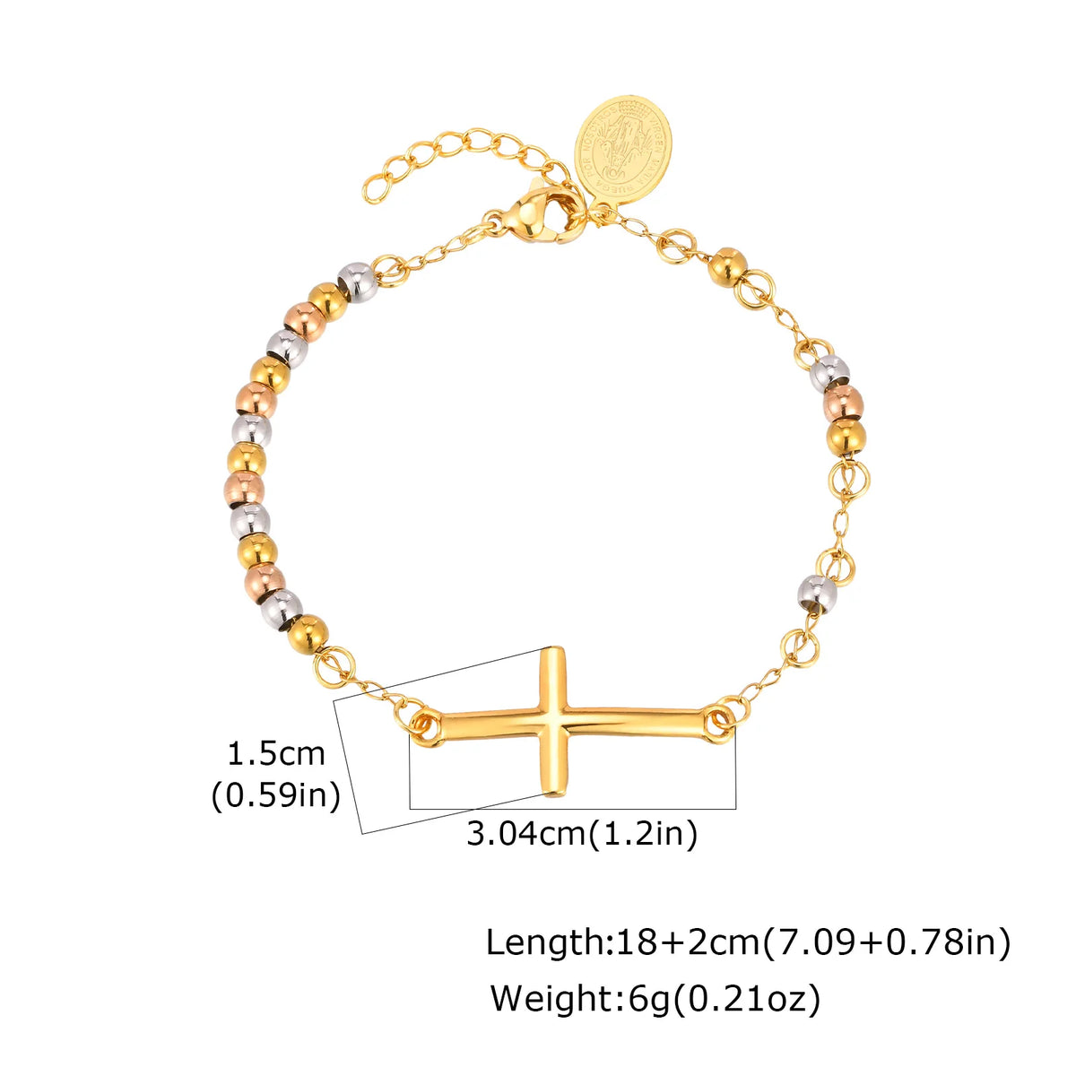 Saint Benedict Cross Bracelets,Stainless Steel Bead Chain Stretch Strand Bracelets For Women Men,Religion Jewelry Christ  (GoldenCity)