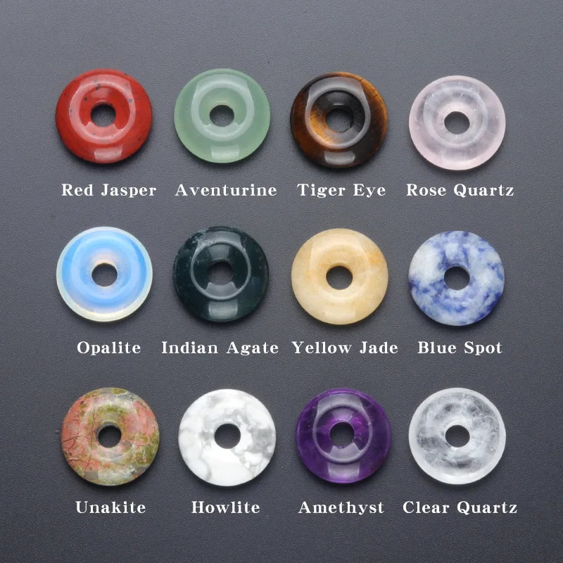 20mm Circle Donut Healing Crystals Necklace Natural Chakra Gemstone Stone Amulet Lucky Coin Donuts Charm Protection Quartz Agate  (GoldenCity)