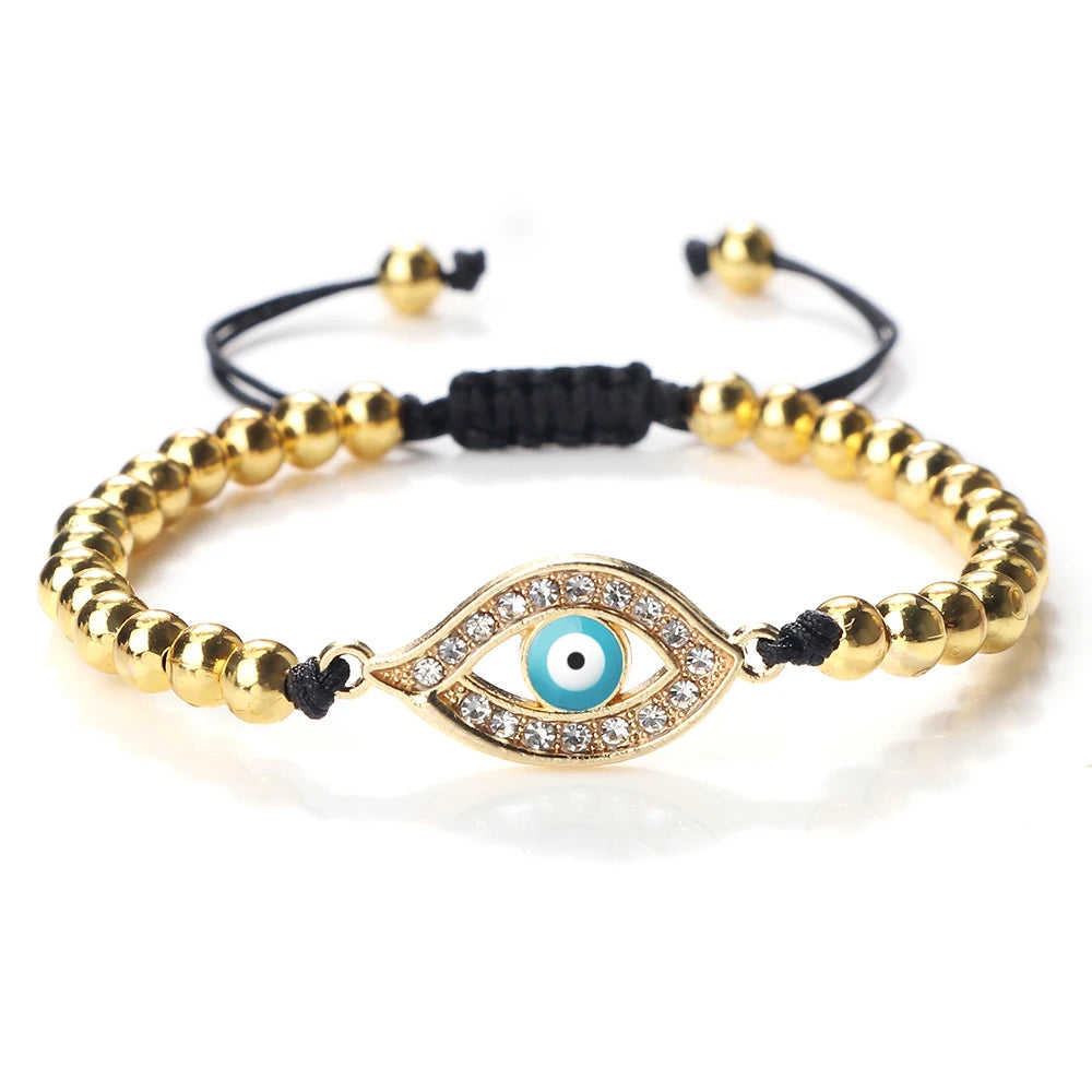 New Turkish Evil Eye Copper Beads Braided Bracelet Women Men Gold Color Healing Yoga Couple Bracelet&Bangles Chain Jewelry Gift  (GoldenCity)