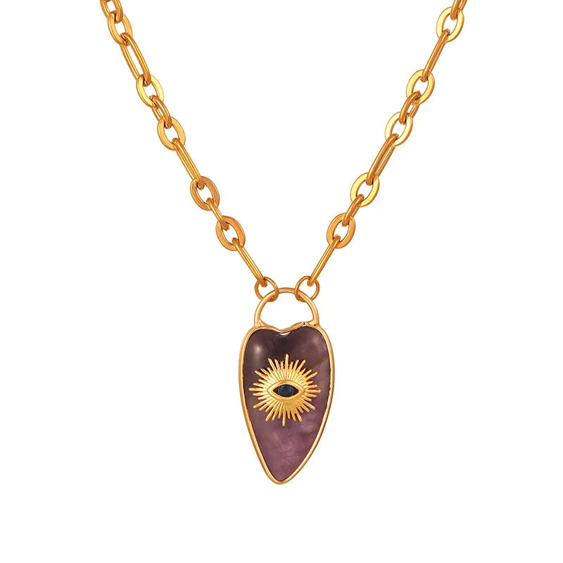 1pc Devil's Eye Heart Natural Stone Pendant Amethyst Pink Crystal Necklace for Women Jewelry Gift  (GoldenCity)