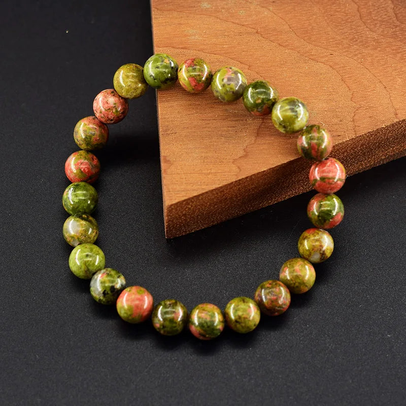 Original Natural Unakite Stone Beads Bracelet Women Men Hualubao Green Gemstone Bohemia Style Elastic Rope Bracelet Jewelry Gift  (GoldenCity)