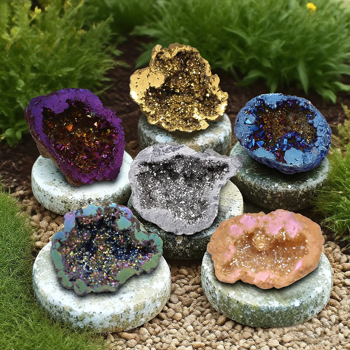 8PCS/Box Titanium Coated Natural Crystal Cluster Electroplated Agate Geode, Energy Balance Reiki Wicca Home Decor  (GoldenCity)