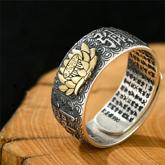 Namo Amitabha Lotus Ring For Men Jewelry Retro Dragon Buddha Buddhist Heart Sutra Ring Male Index Finger Accessories Open Size  (GoldenCity)