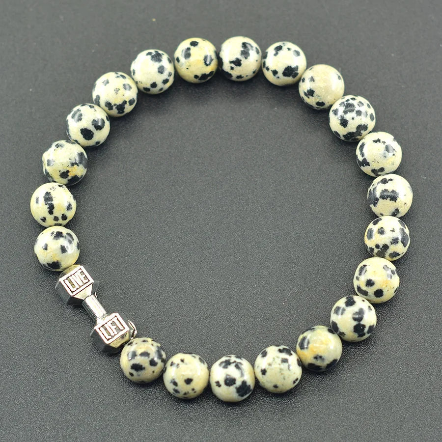 Natural Volcanic Stone Bracelet Men Matte Black Lava Obsidian Beads Charm Dumbbell Strand Bracelet Women Barbell Fitness Jewelry  (GoldenCity)