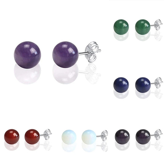Fashion Simple Classic Natural Stone Opal Crystal Amethyst Aventurine Ball Round Bead Silver Stud Earring for Women Jewelry Gift  (GoldenCity)